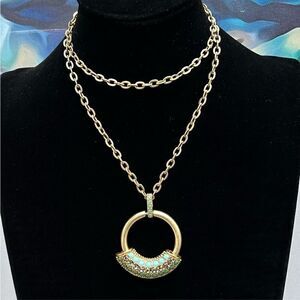 Lia Sophia Mirage Long Necklace Gold-tone Jeweled Round Pendant Cable Chain